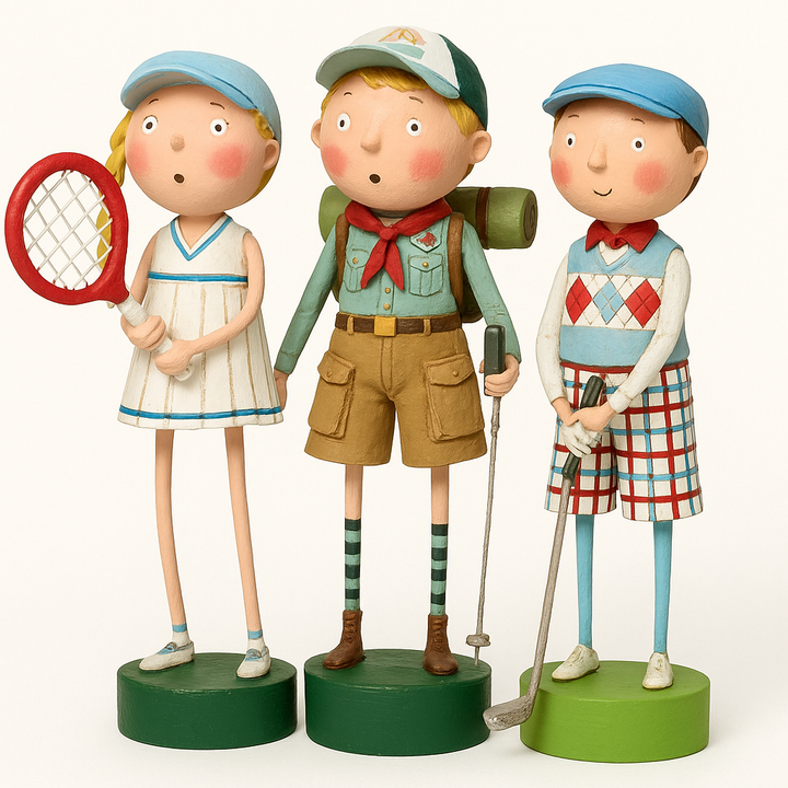 Three figurines representing a tennis player, a scout, and a golfer on green bases.
