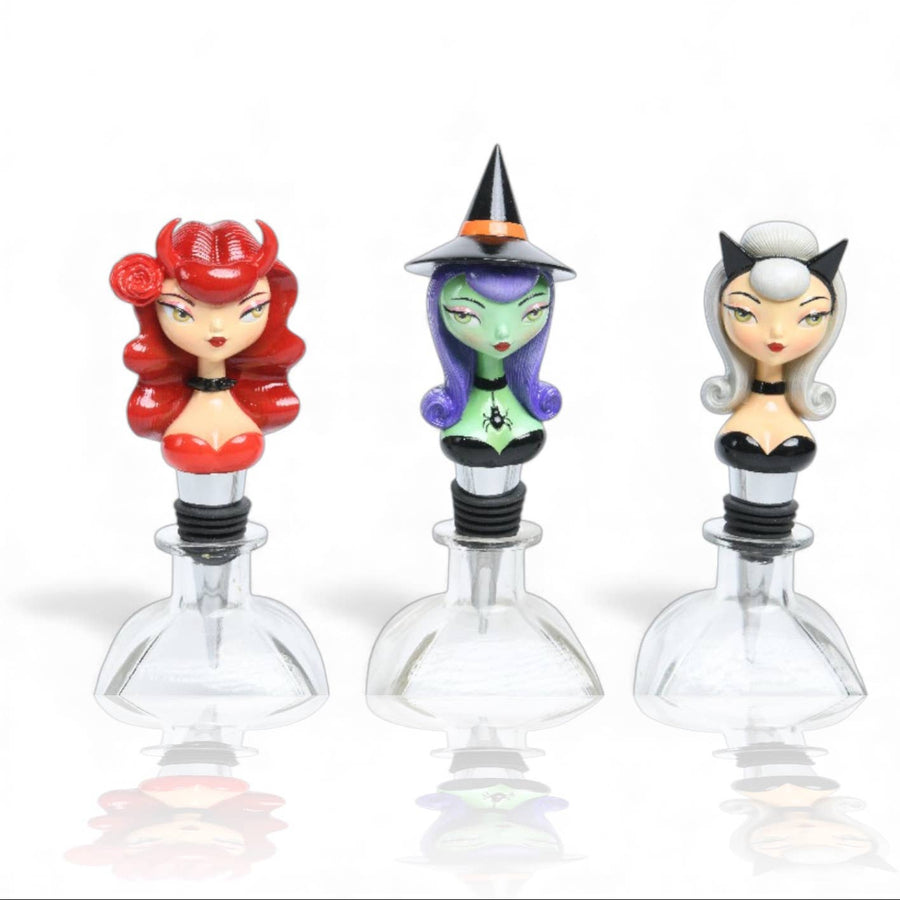 3 Assorted Ghoulish Girly Wine Stoppers by Miss Fluff for December Diamonds, witch devil kitty ghoul set