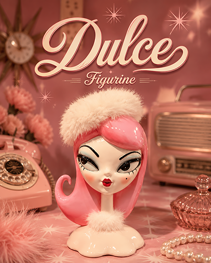 Miss Fluff head vase Dulce Pink figurine with white fur headband
