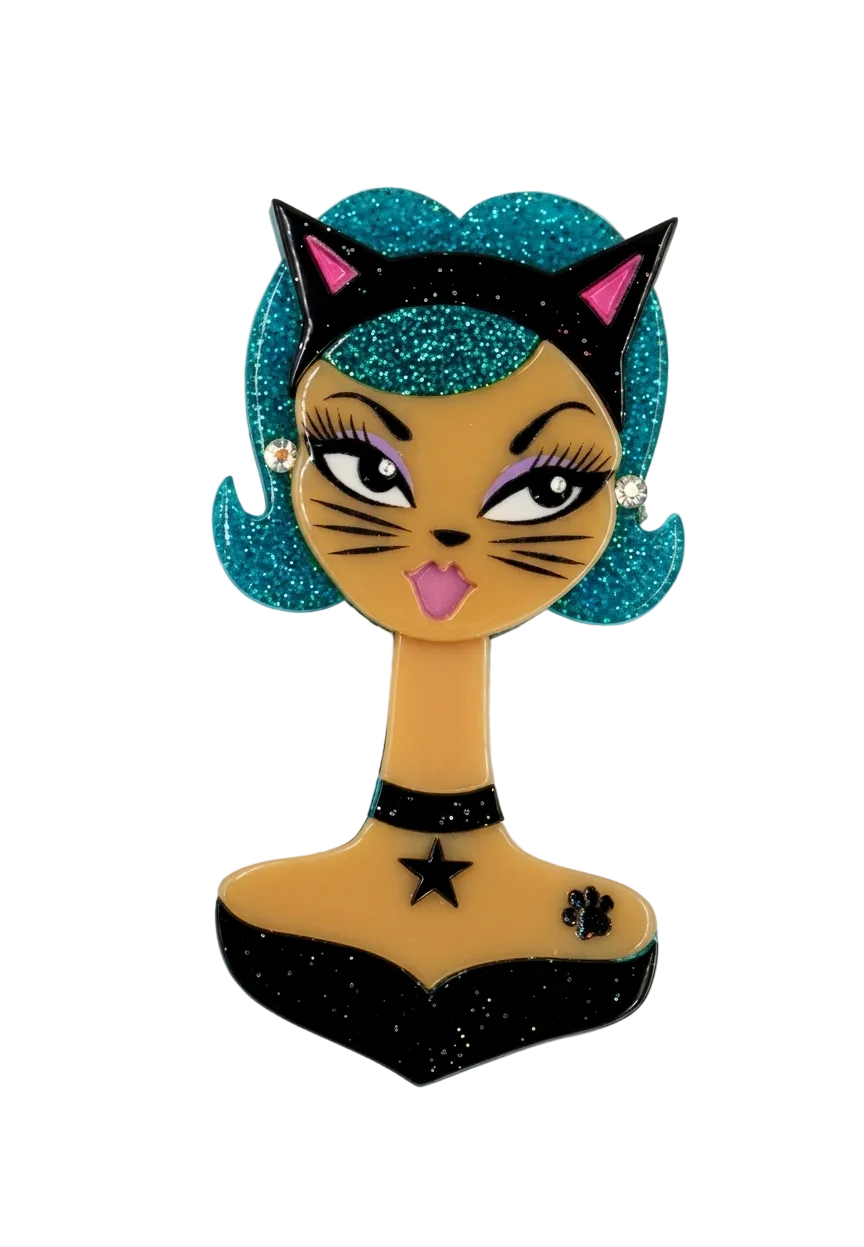 Miss fluff spooky dolls cats meow brooch lipstick and chrome