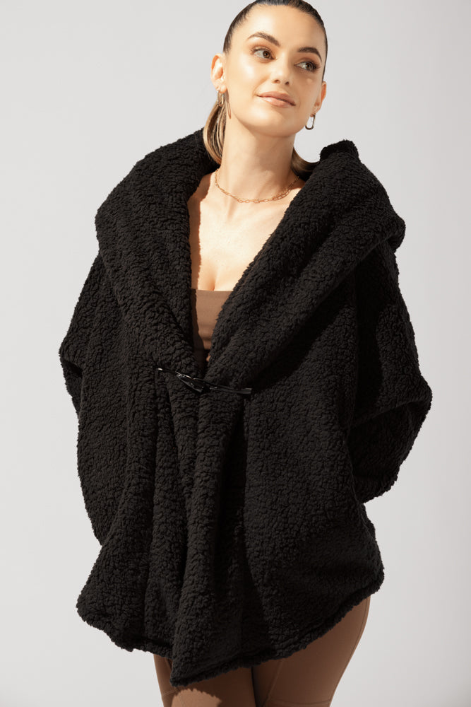 Faux Sherpa Cocoon Coat - Black