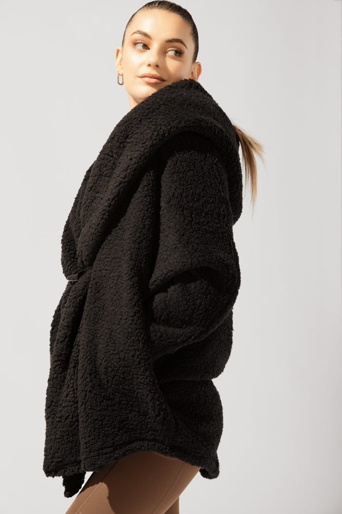 Faux Sherpa Cocoon Coat - Black