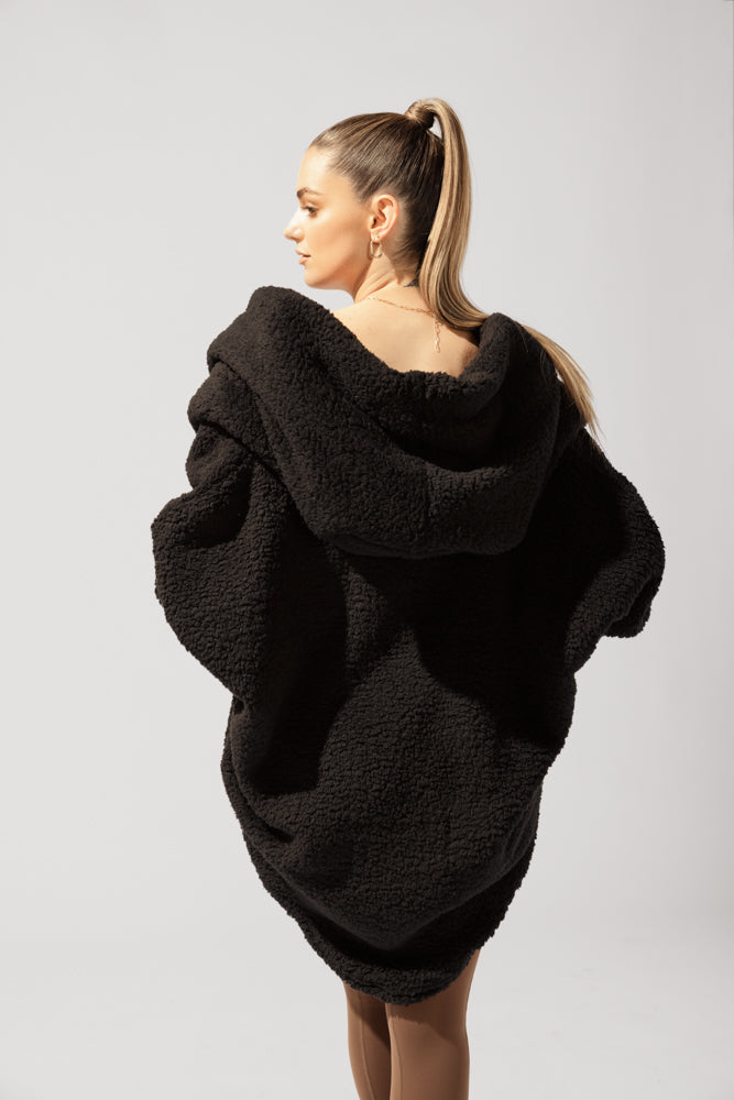 Faux Sherpa Cocoon Coat - Black