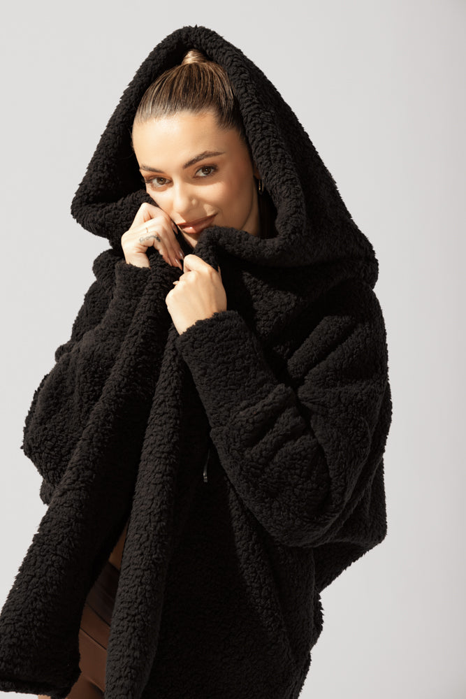 Faux Sherpa Cocoon Coat - Black