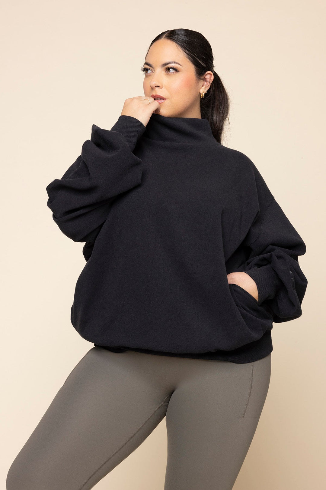 Ooey Gooey Mockneck Sweatshirt with Pockets - Black