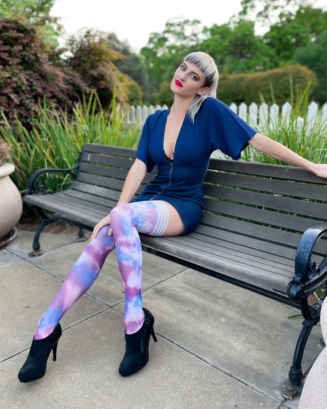 Madisen: Blue and Purple Tie Dye Thigh Highs. Petite to Plus Size
