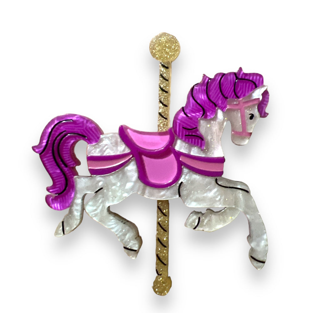 Funfair Carousel Horse Brooch by Lipstick & Chrome x MAKOKOT — handmade acrylic resin carousel horse, 3" × 3"