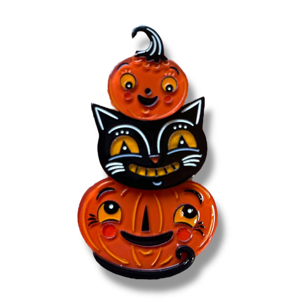 Jolly Jack Pumpkin Stack brooch by Johanna Parker x Lipstick & Chrome — two jack-o-lanterns and black cat
