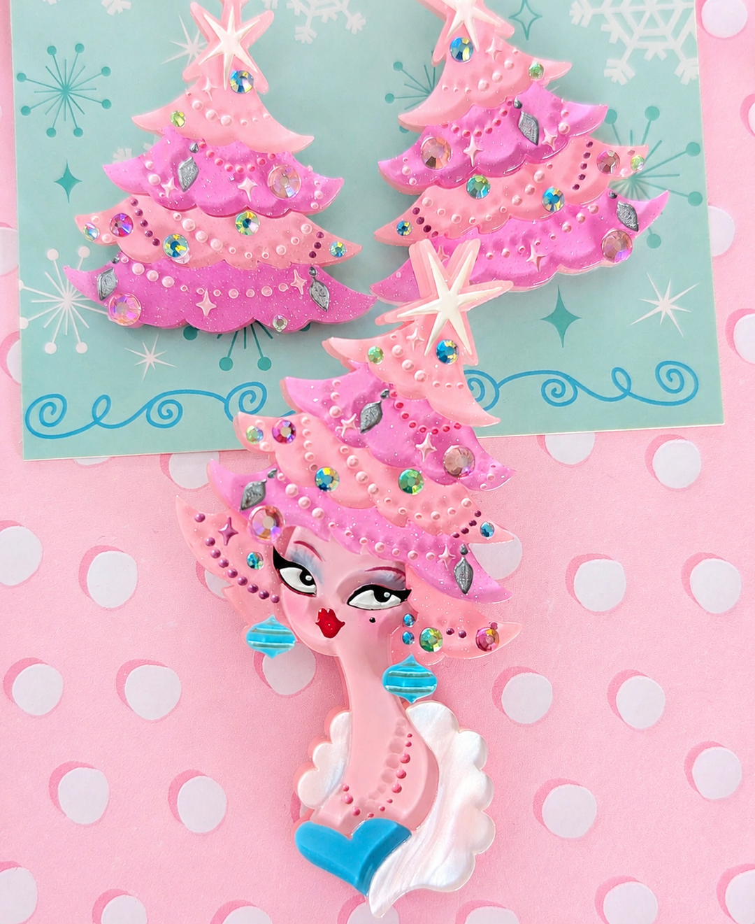 Pinkmas Glam Brooch by Miss Fluff x Lipstick & Chrome — Pink Christmas Tree Pin And earrings Kitsch