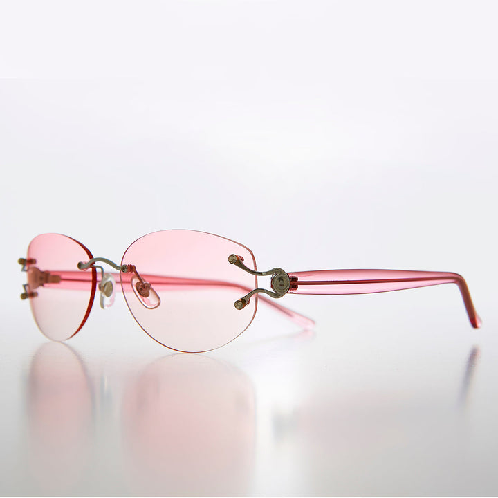 Rimless Color Tinted Lens Sunglass with Rhinestones - Ruby