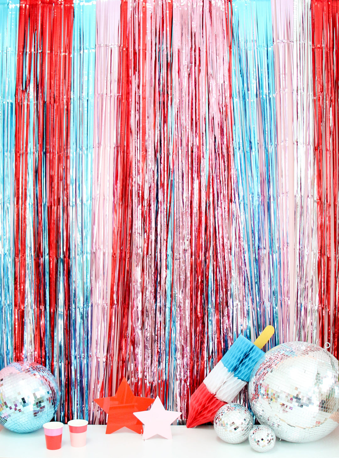 Red, White, and Blue Mylar Streamer Curtain backdrop