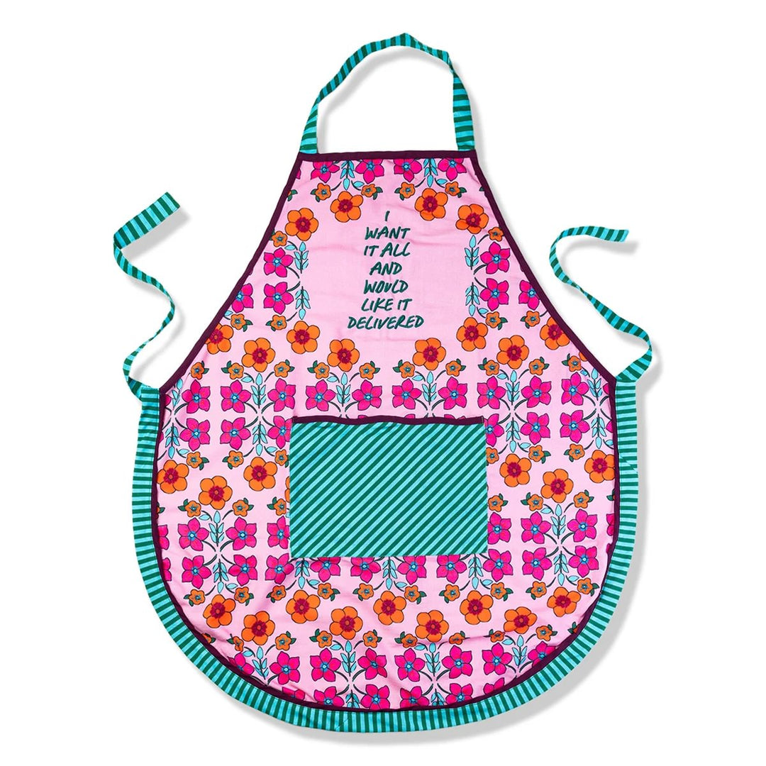 Floral apron with text on a white background