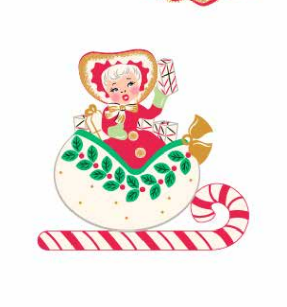 A brooch featuring an illustrated character in vintage style Christmas attire sitting in a sleigh with candy cane accents.
