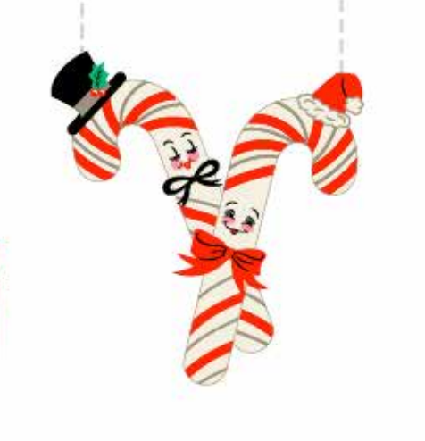 A brooch featuring two candy cane designs with faces, dressed in vintage-style clothing, against a white background.