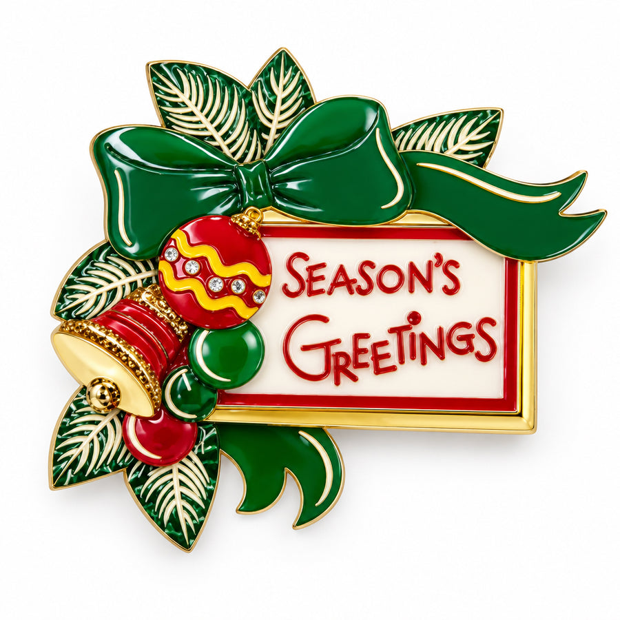 Seasons greetings acrylic Christmas brooch by 50’s vintage dame x lipstick & chrome