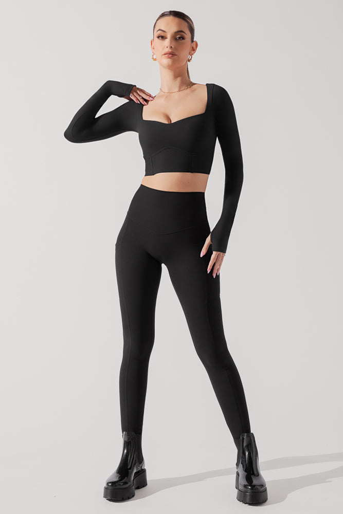 Sweetheart Long Sleeve Crop Top - Black