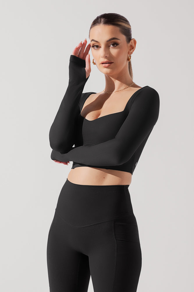 Sweetheart Long Sleeve Crop Top - Black