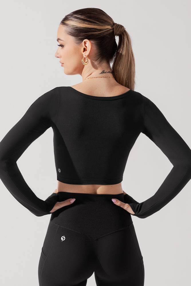 Sweetheart Long Sleeve Crop Top - Black