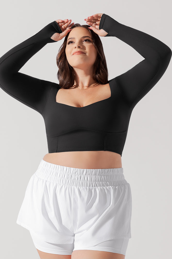 Sweetheart Long Sleeve Crop Top - Black