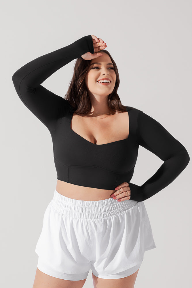 Sweetheart Long Sleeve Crop Top - Black