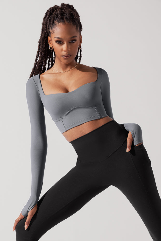 Sweetheart Long Sleeve Crop Top - Cloudy Grey