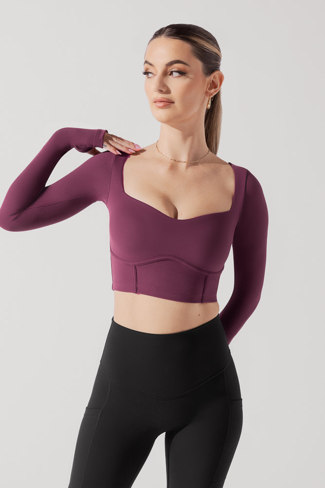 Sweetheart Long Sleeve Crop Top - Plum