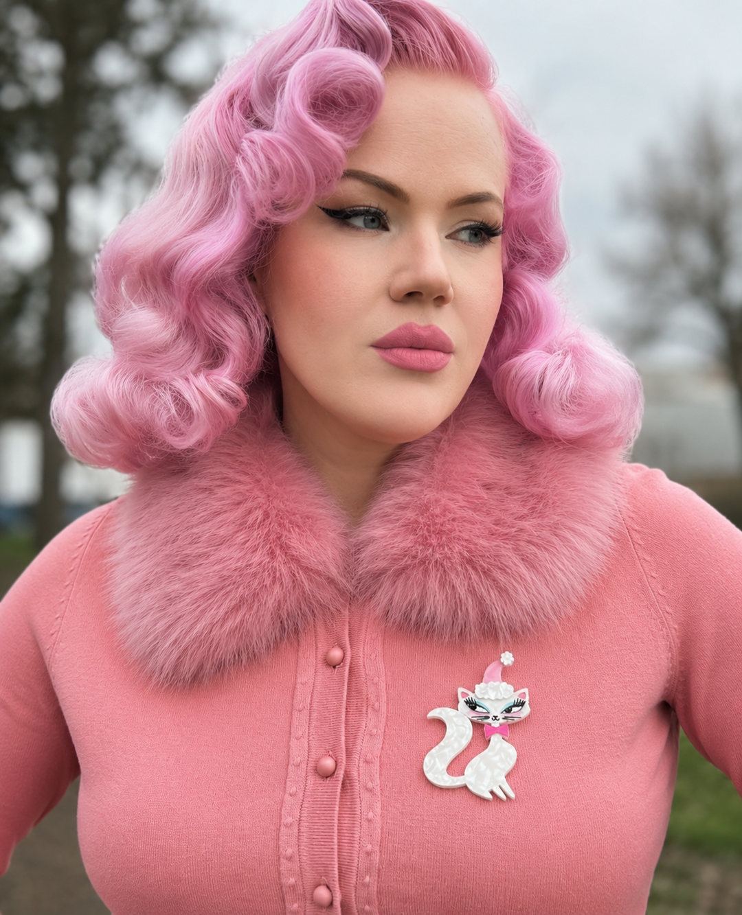 Swanky Pinkmas Kitty Brooch by Miss Fluff x Lipstick & Chrome Atomic cat