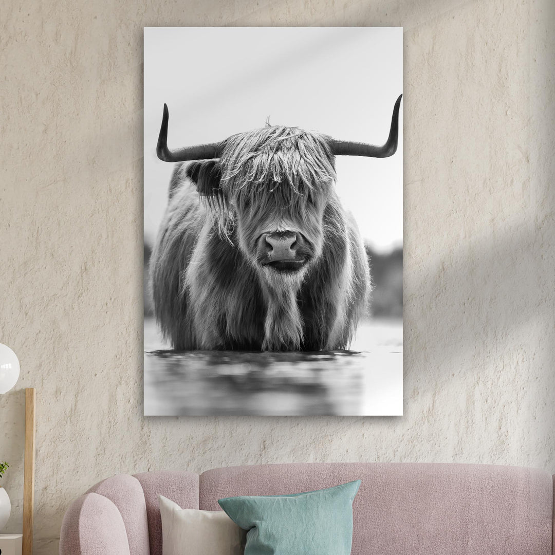 Grayscale Highland Cow Portrait Canvas Wall Art