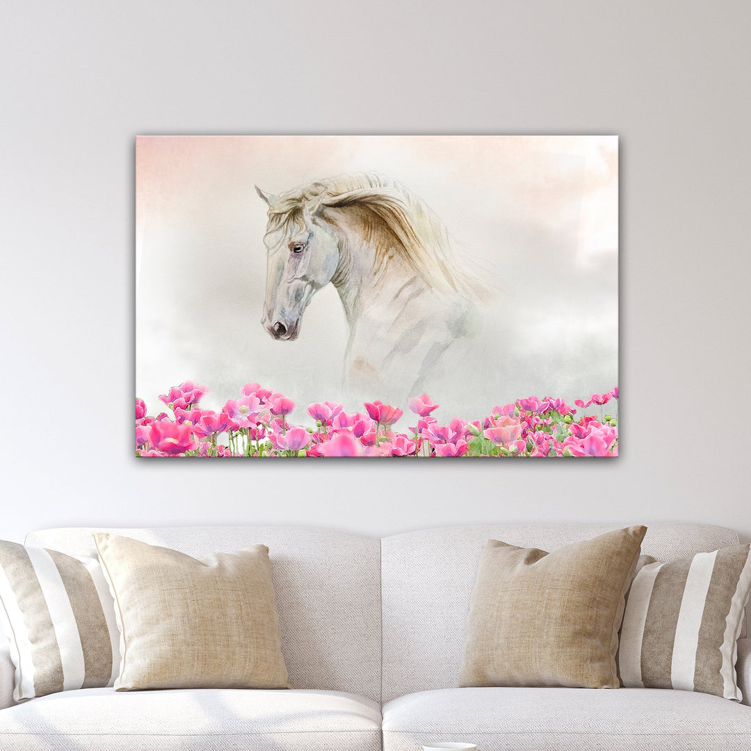 Floral White Horse Canvas Wall Art
