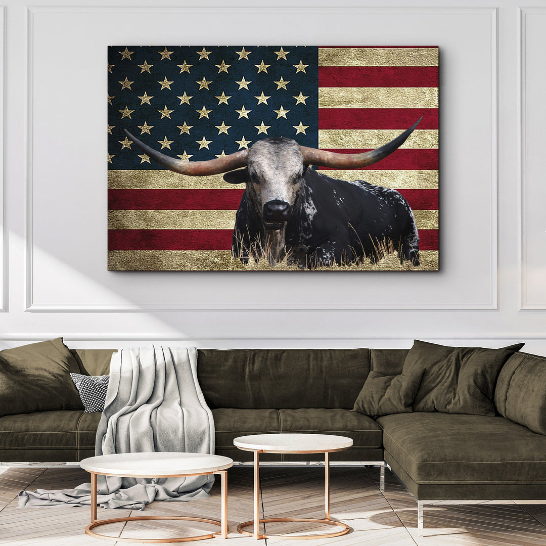 Longhorn Cattle American Flag Canvas Wall Art