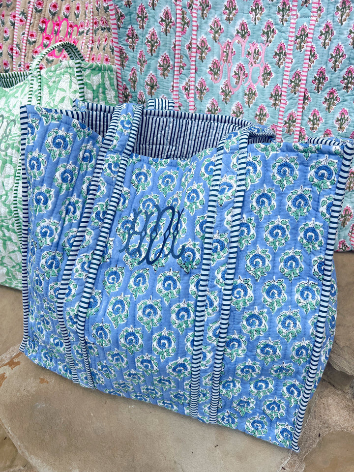 Quilted Block-Print Tote Bag