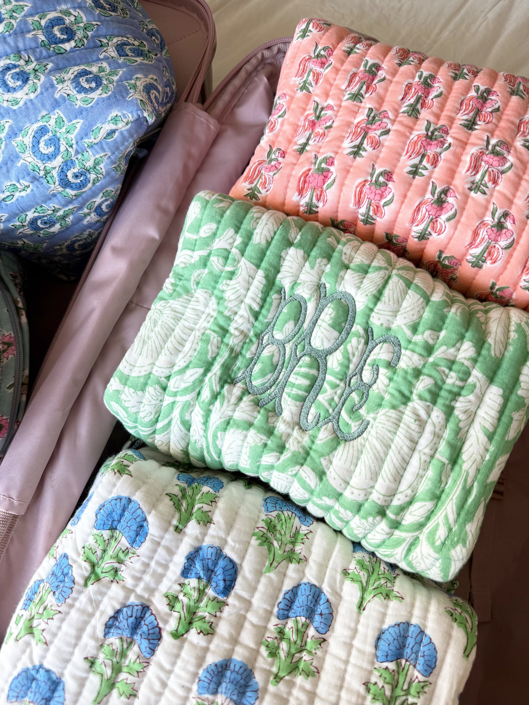 Quilted Block-Print Makeup Bag