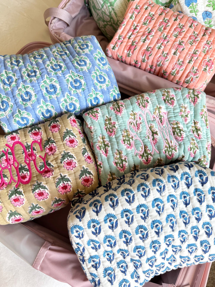 Quilted Block-Print Makeup Bag