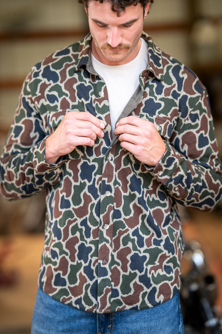 The Blender | Grey Duck Camo Chinchilla Soft™ Long Sleeve Stretch Button Up Shirt