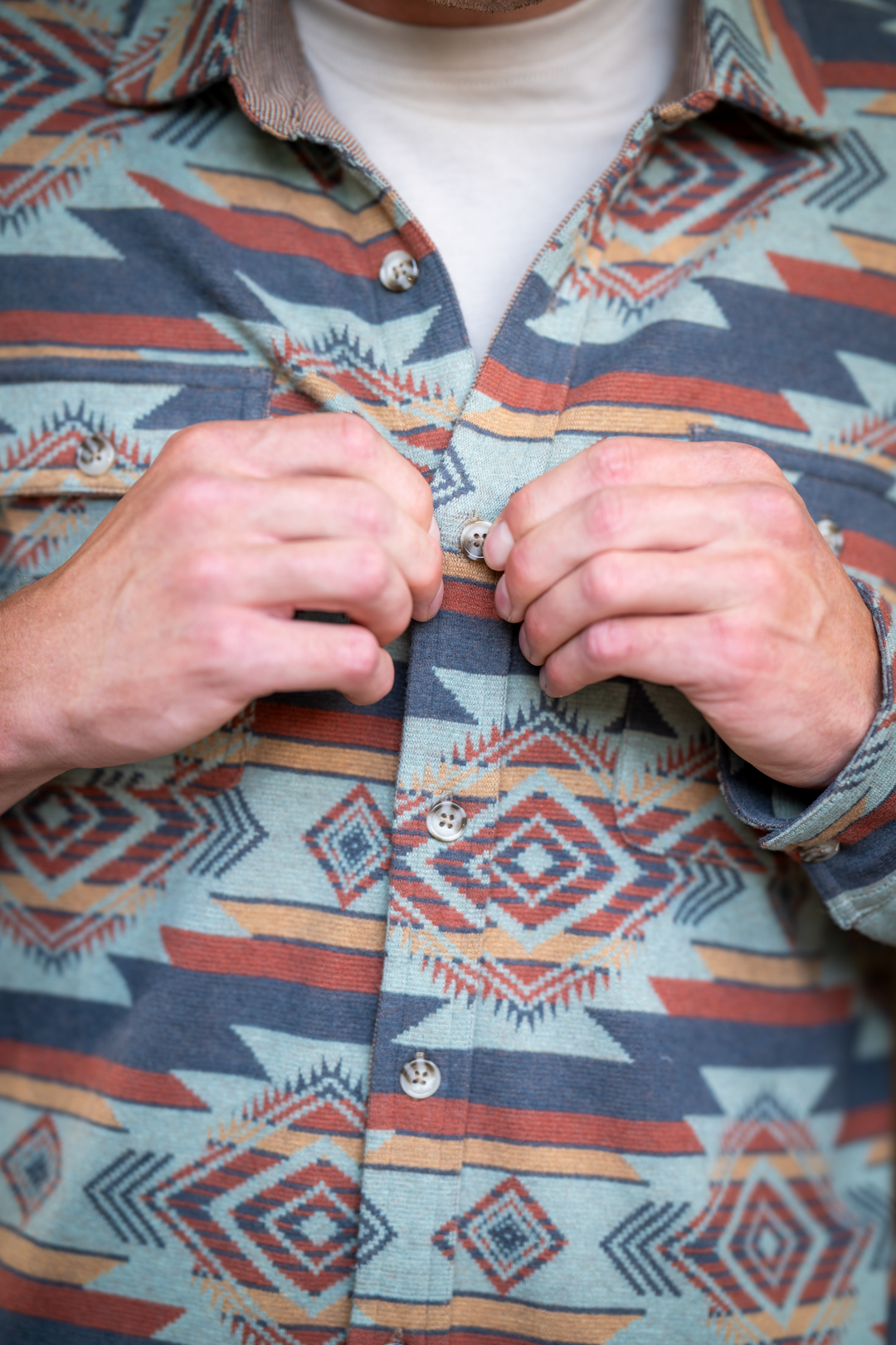 The High Desert | Blue and Orange Aztec Chinchilla Soft™ Long Sleeve Stretch Button Up Shirt