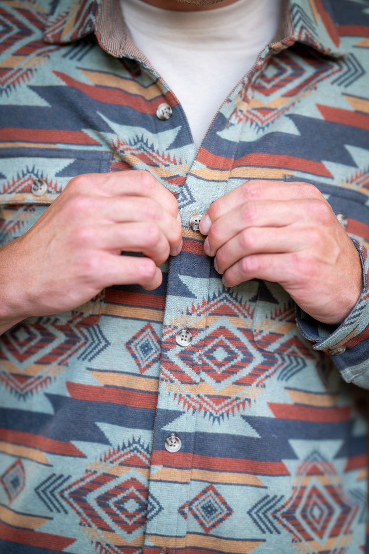 The High Desert | Blue and Orange Aztec Chinchilla Soft™ Long Sleeve Stretch Button Up Shirt