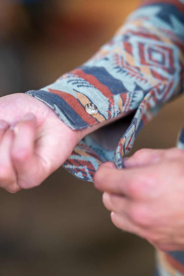 The High Desert | Blue and Orange Aztec Chinchilla Soft™ Long Sleeve Stretch Button Up Shirt