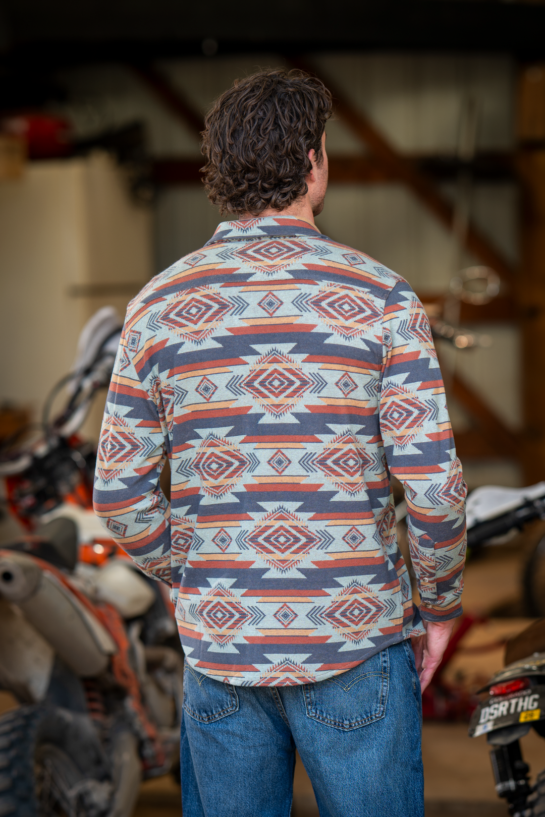 The High Desert | Blue and Orange Aztec Chinchilla Soft™ Long Sleeve Stretch Button Up Shirt