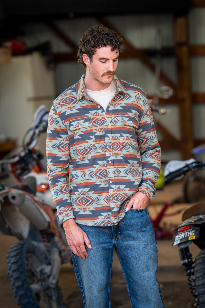 The High Desert | Blue and Orange Aztec Chinchilla Soft™ Long Sleeve Stretch Button Up Shirt