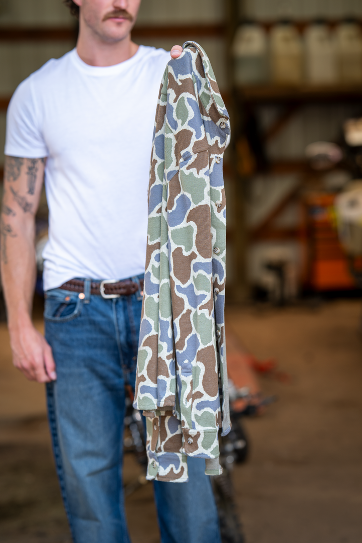 The Out Of Mind | Duck Camo Chinchilla Soft™ Long Sleeve Stretch Button Up Shirt