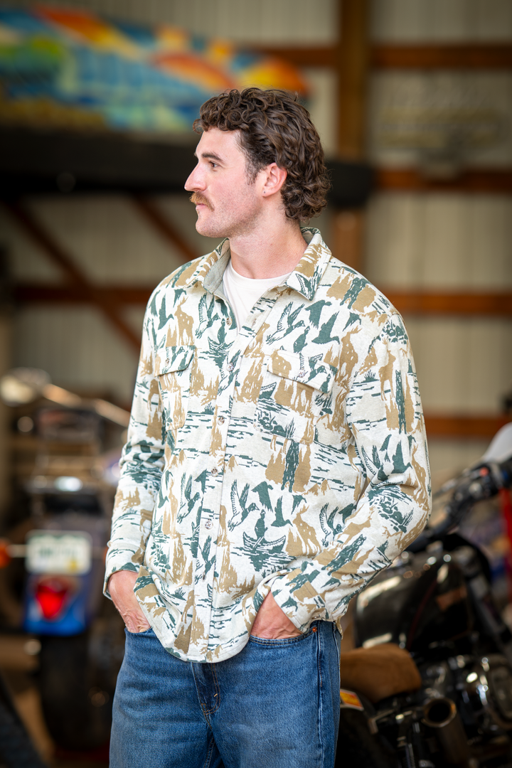 The Trophy | Deer and Geese Chinchilla Soft™ Long Sleeve Stretch Button Up Shirt