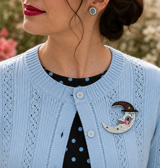 Witchy Crescent Moonhilda Brooch by Johanna Parker x Lipstick & Chrome — Folk Art Moon Witch Pin