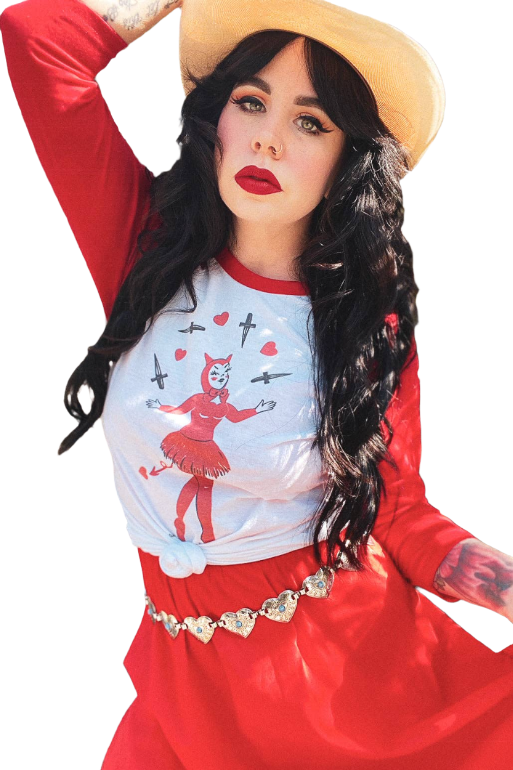 Dagger Devil Unisex Raglan Tee in White/Red: Unisex