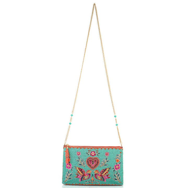 Two In Love Lovebirds and Heart on Turquoise Beaded Handbag