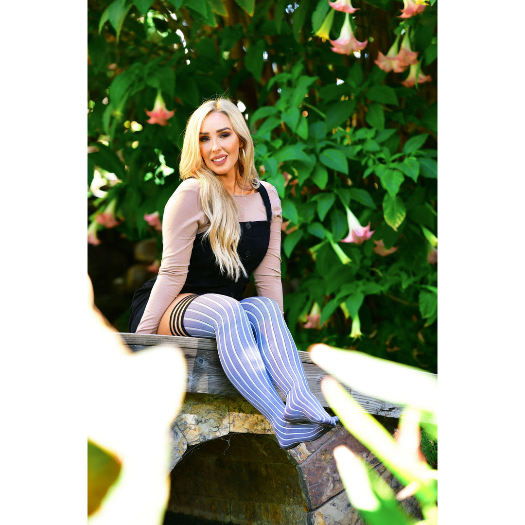 Annabelle: All Work, All Play Pinstripe Thigh Highs. Petite to Plus Size
