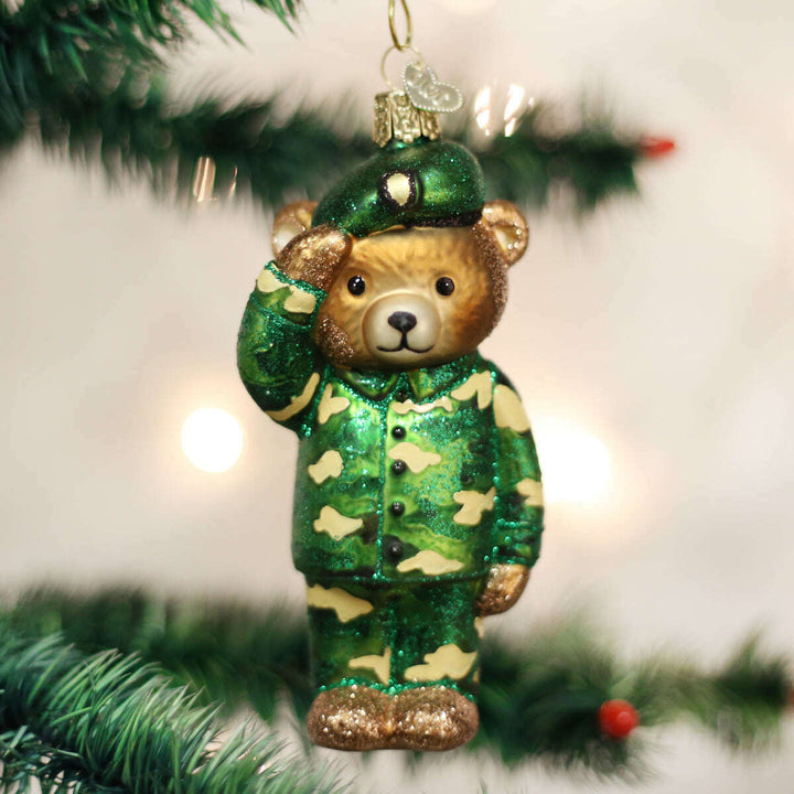 Old World Christmas Army Bear Blown Glass Ornament
