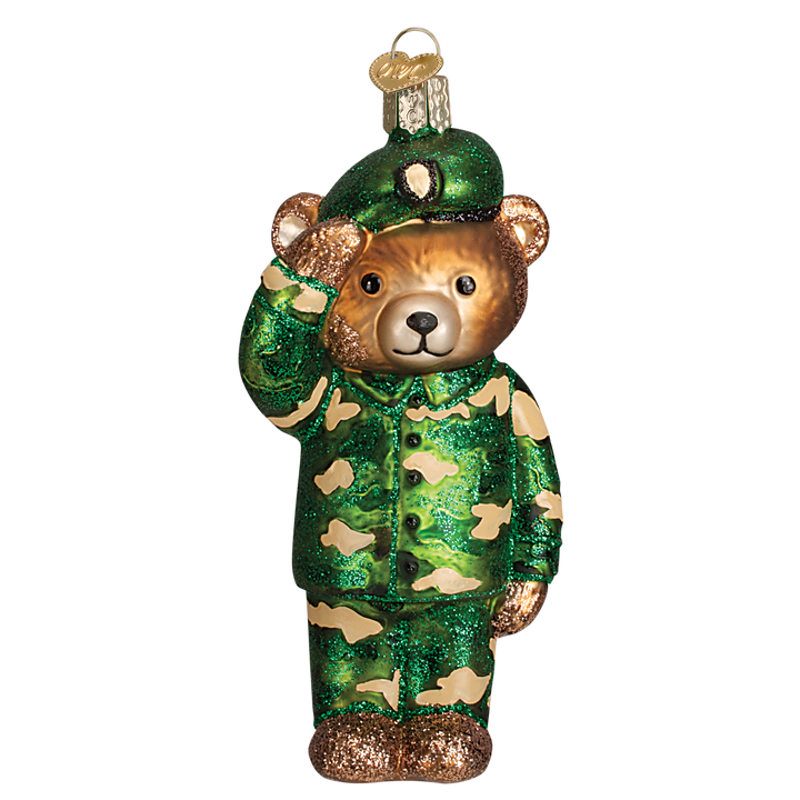 Old World Christmas Army Bear Blown Glass Ornament