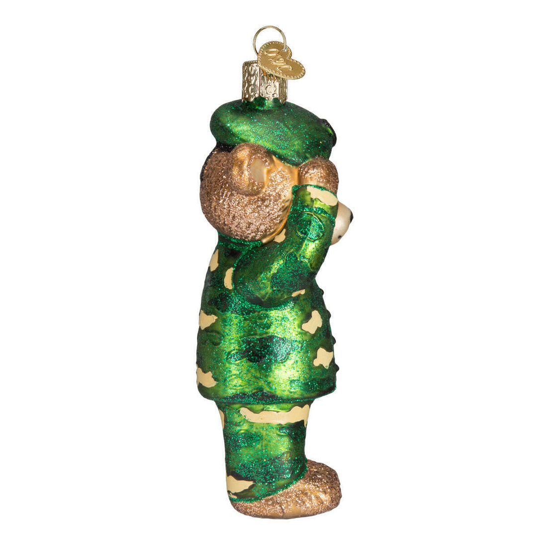 Old World Christmas Army Bear Blown Glass Ornament