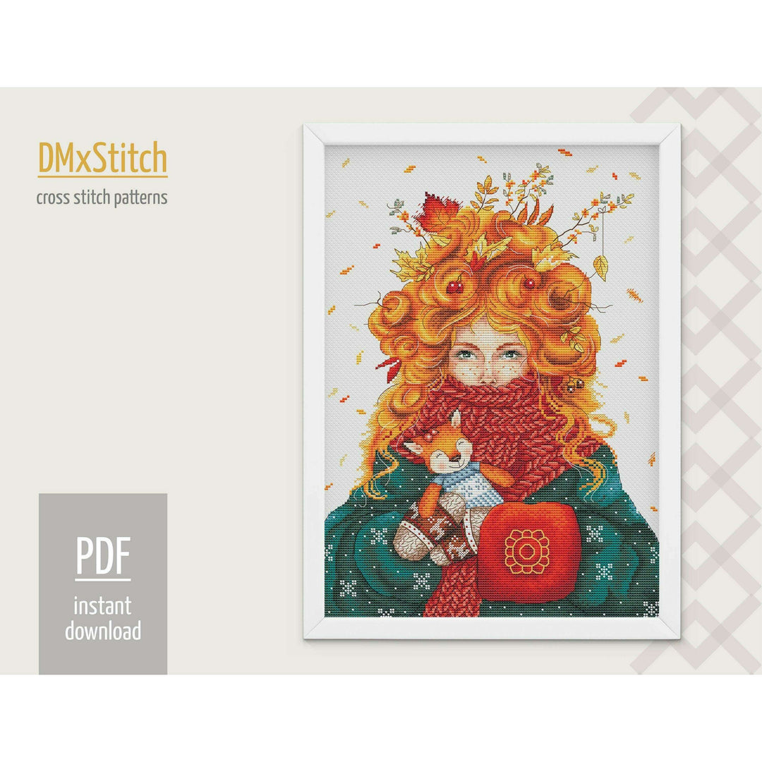 Autumn girl Cross stitch pattern Fall Cross Stitch pdf People cross stitch pattern Modern Counted cross stitch Thanksgiving cross stitch