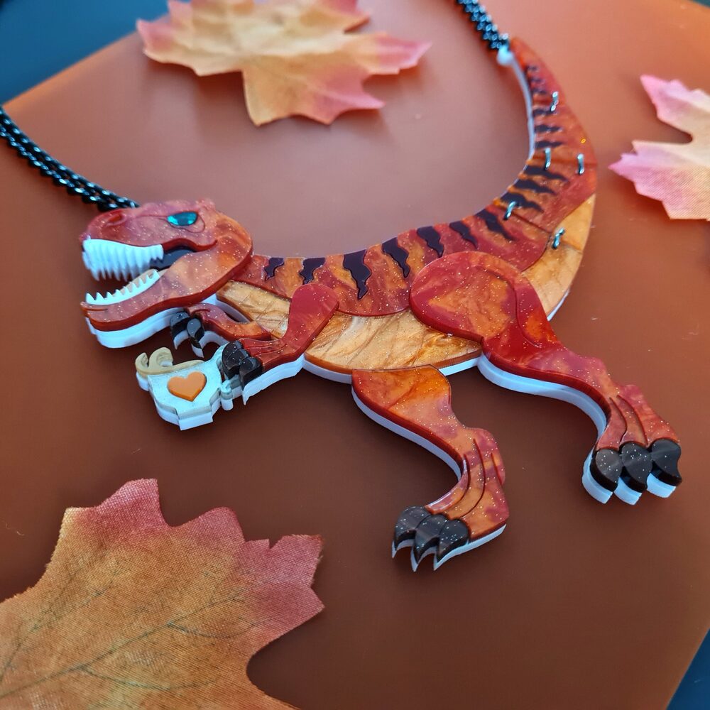 Autumn Tea Rex, T Rex, Dinosaur, Statement Necklace by Cherryloco Jewellery 1